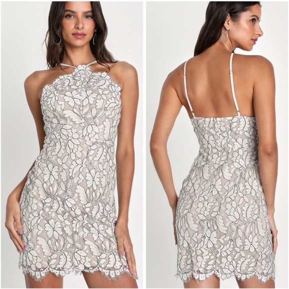 Lulus Dresses & Skirts - Lulu’s NWT Darling Delicate Lace Beige and Ivory Halter Mini Dress size Small